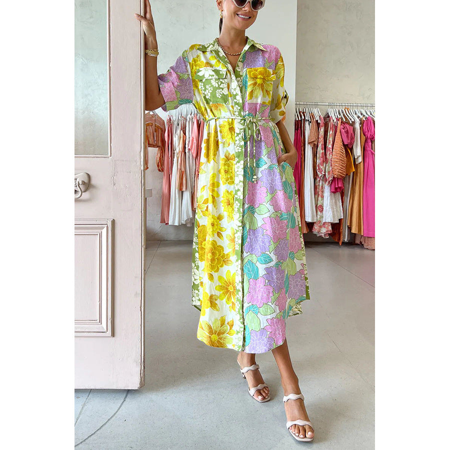 GR | Spring Summer Loose Holiday Dress Casual Short Sleeve Lace-up Pocket Dress