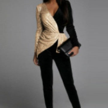 GR | Monochrome Temperament Pendulum High-Waisted Sequined Jumpsuit