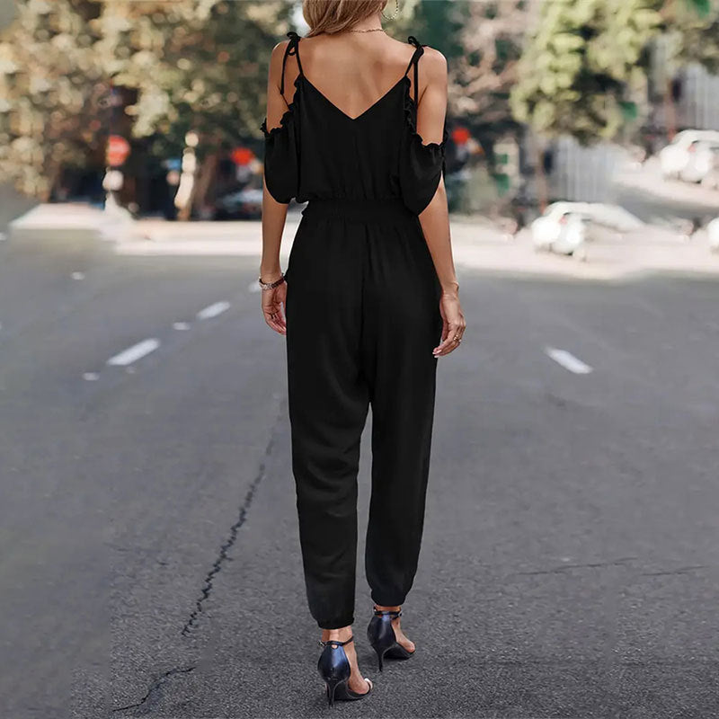 Women's elegant jumpsuit with ruffle details and practical elastic waistband, size [size missing]