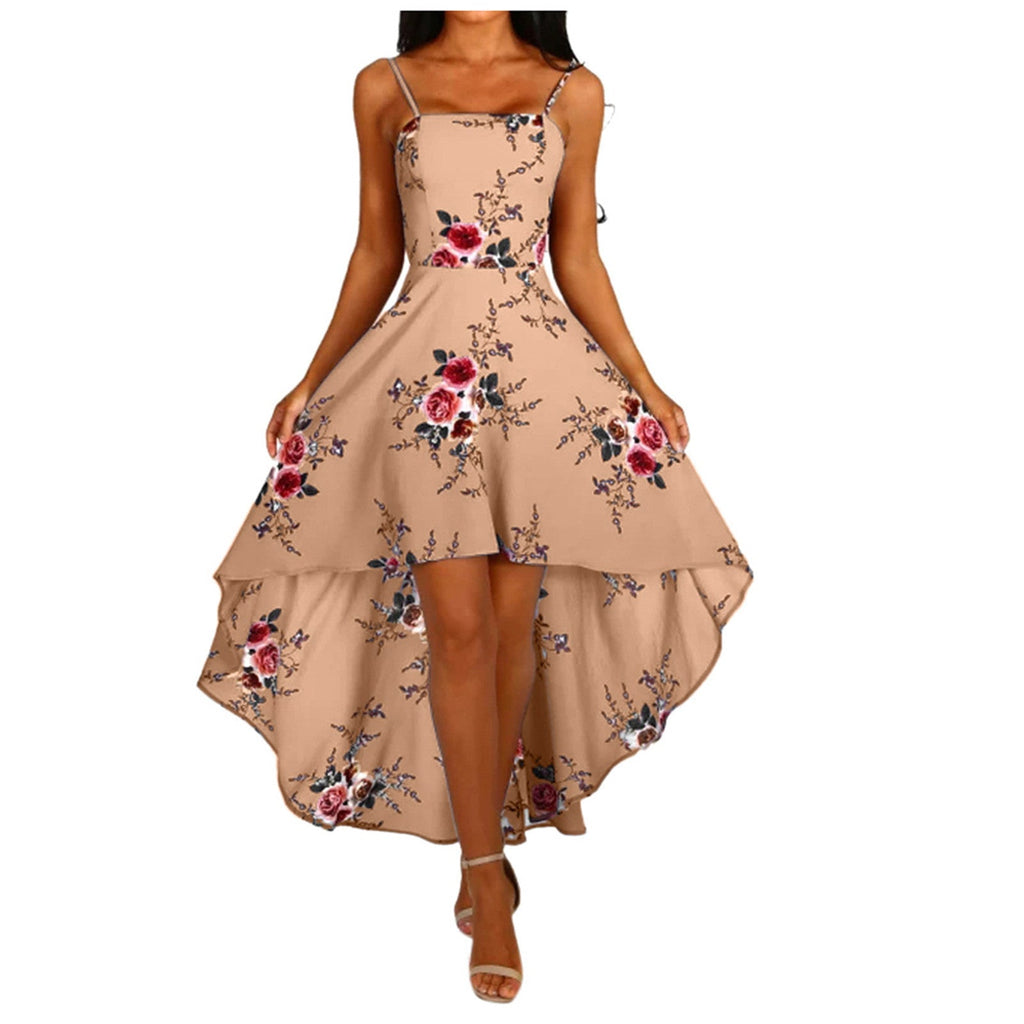 Damen asymmetrisches Blumenkleid mit dekorativen Spaghettiträgern und schwingendem Saum GR