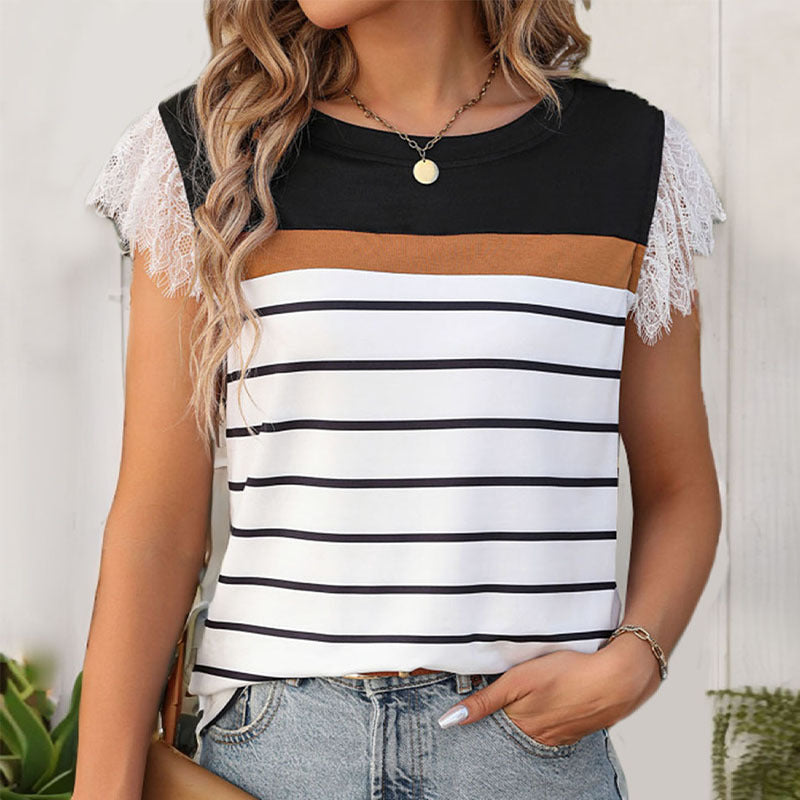 Women's T-shirt with elegant lace trim and striped design, size S