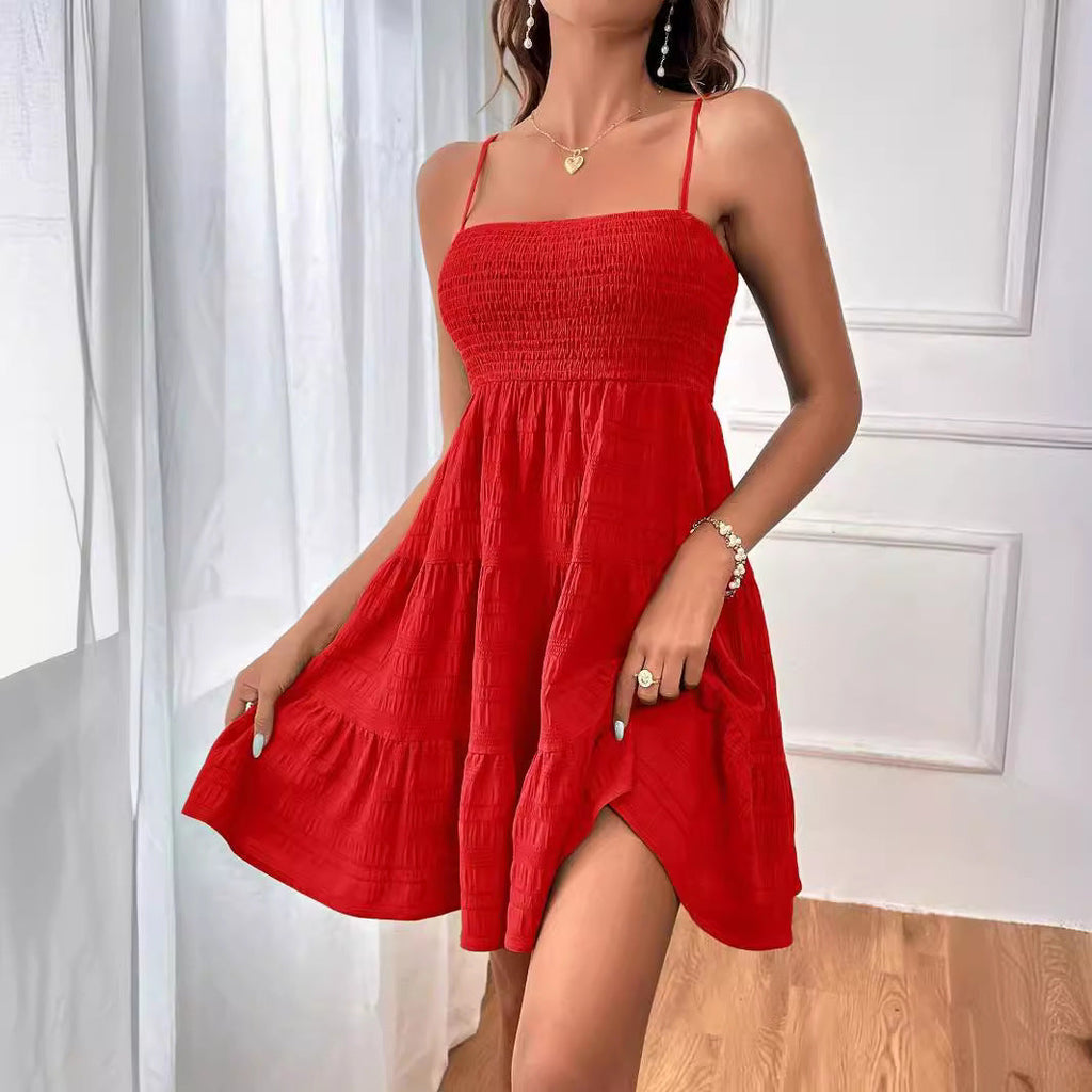 Women's casual dress with narrow straps and ruffle details, size