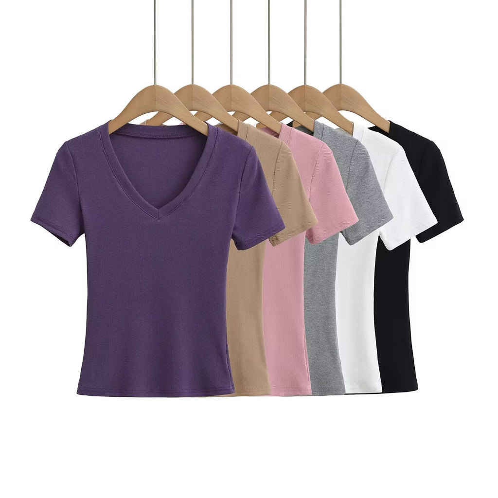 Damen V-Ausschnitt T-Shirt aus hochwertiger Baumwolle mit bequemer Passform GR