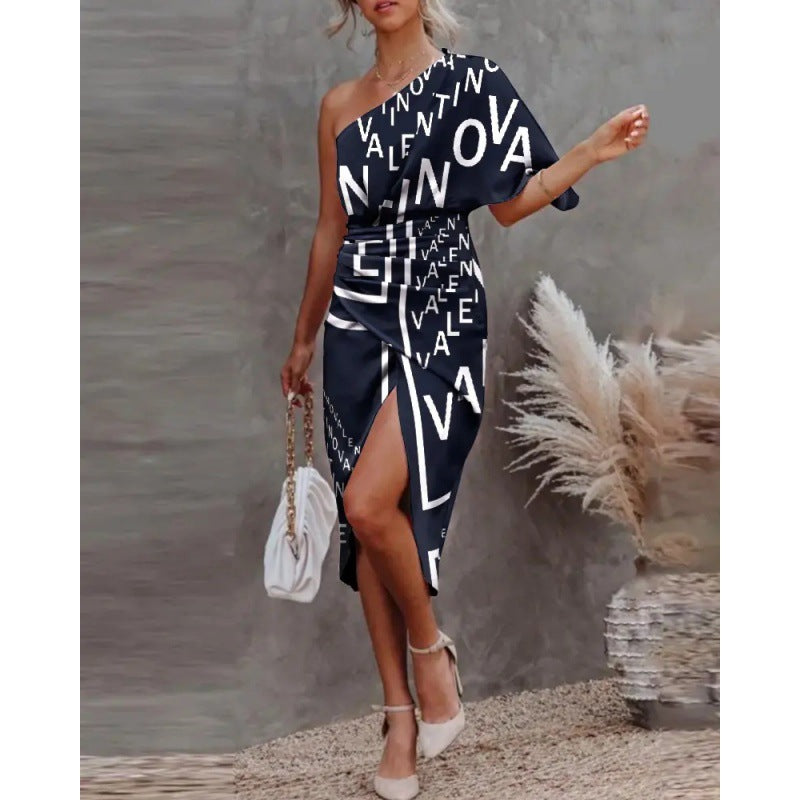 Women's chic, asymmetrical evening dress with an elegant slit and sophisticated draping, size GR
