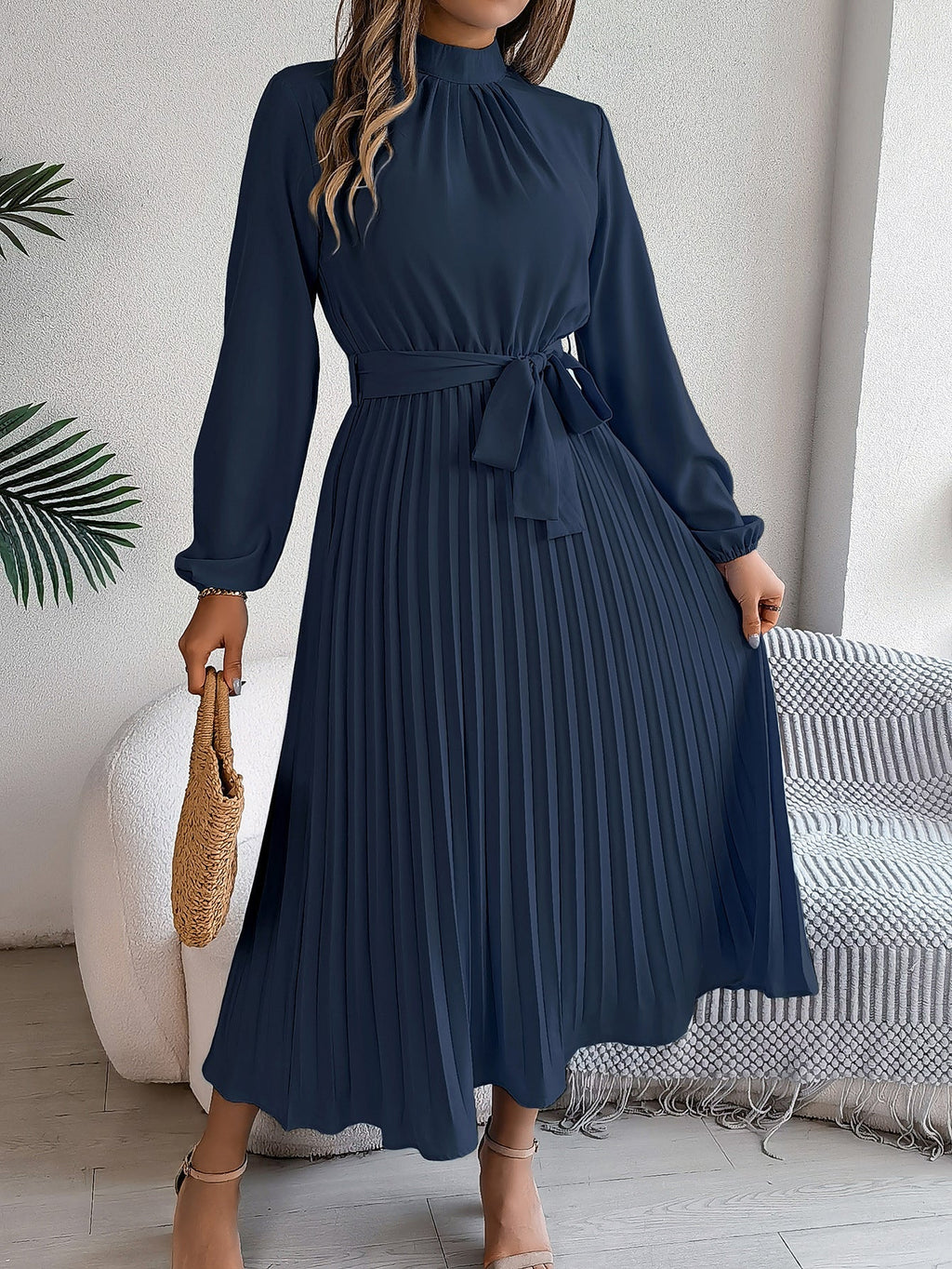 GR | Elegante Stehkragen Taillierter Plissierter Langer Rock kleines Kleid