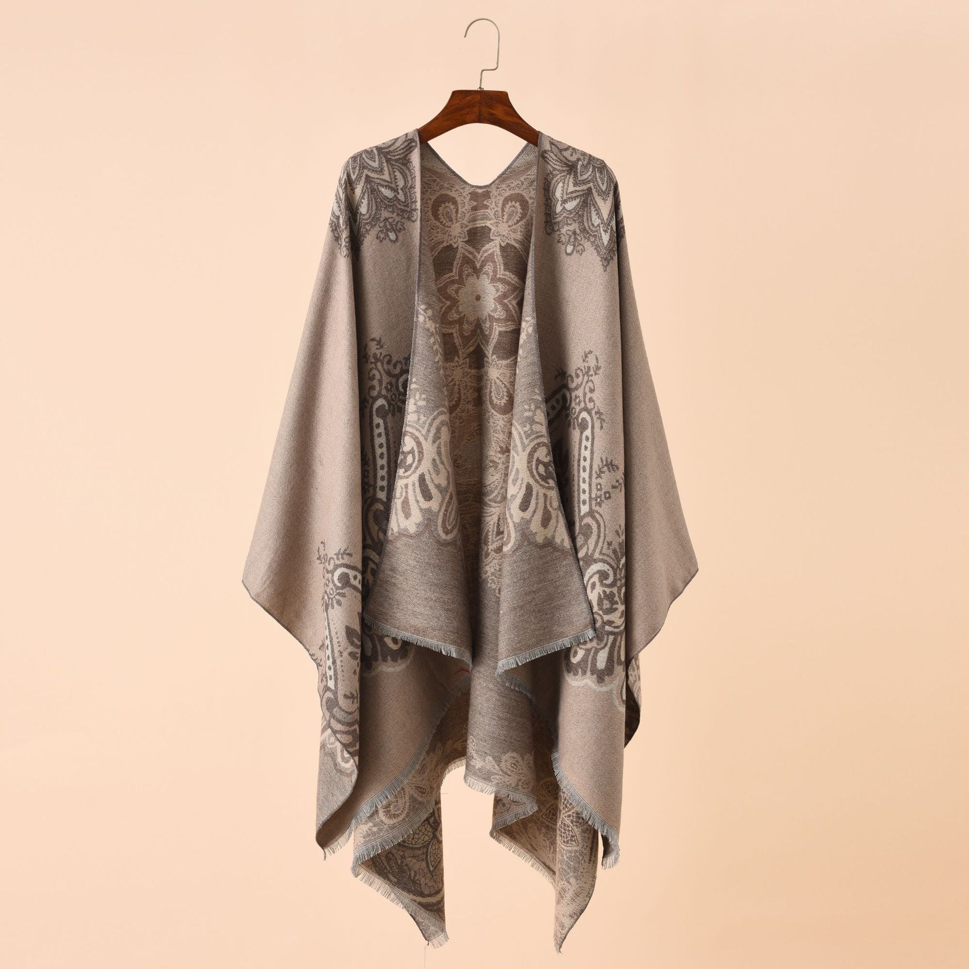 Women's Elegant Kimono Poncho with Artful Pattern and Fringed Edges GR
