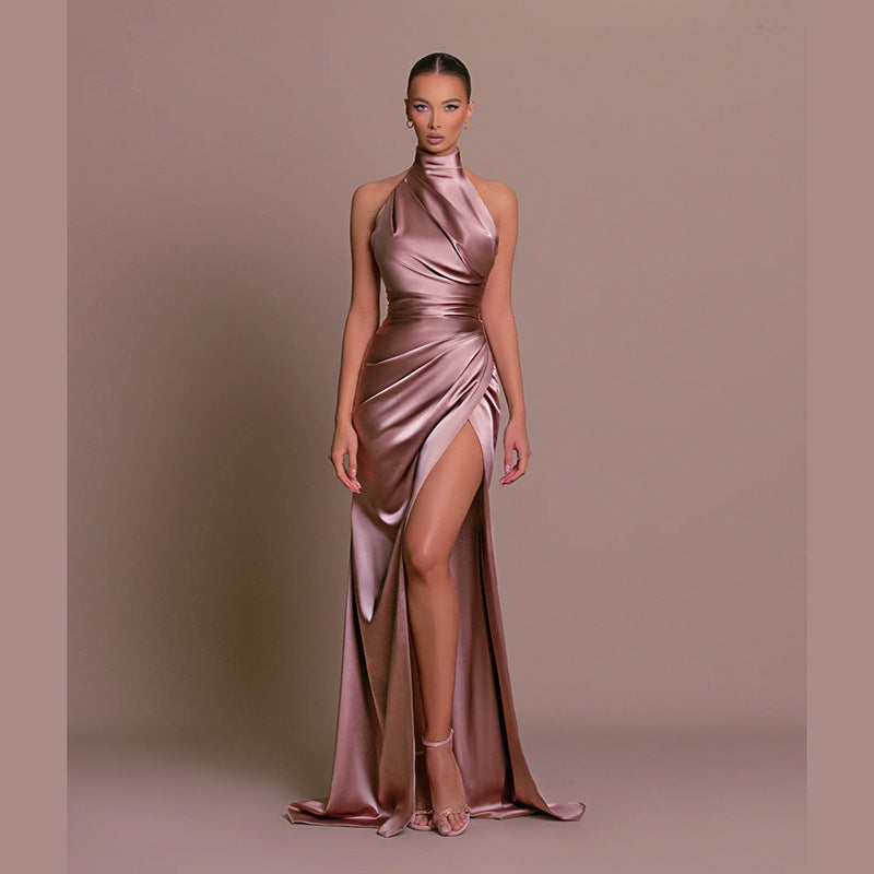 GR | Bridesmaid Dress Satin Halter Open Back Sleeveless Elegant Wedding Cocktail Ceremony Guest 