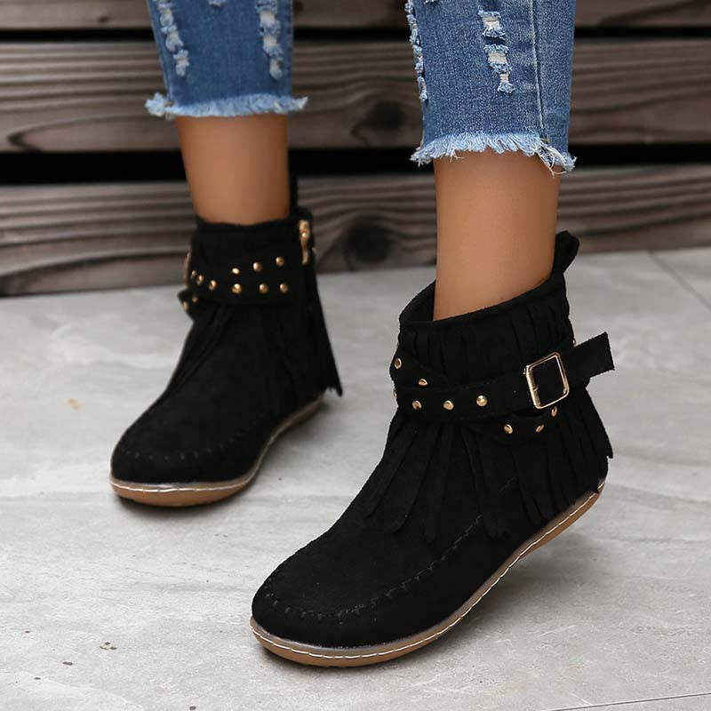 GR | Boho ankle boots with fringes and buckles for women