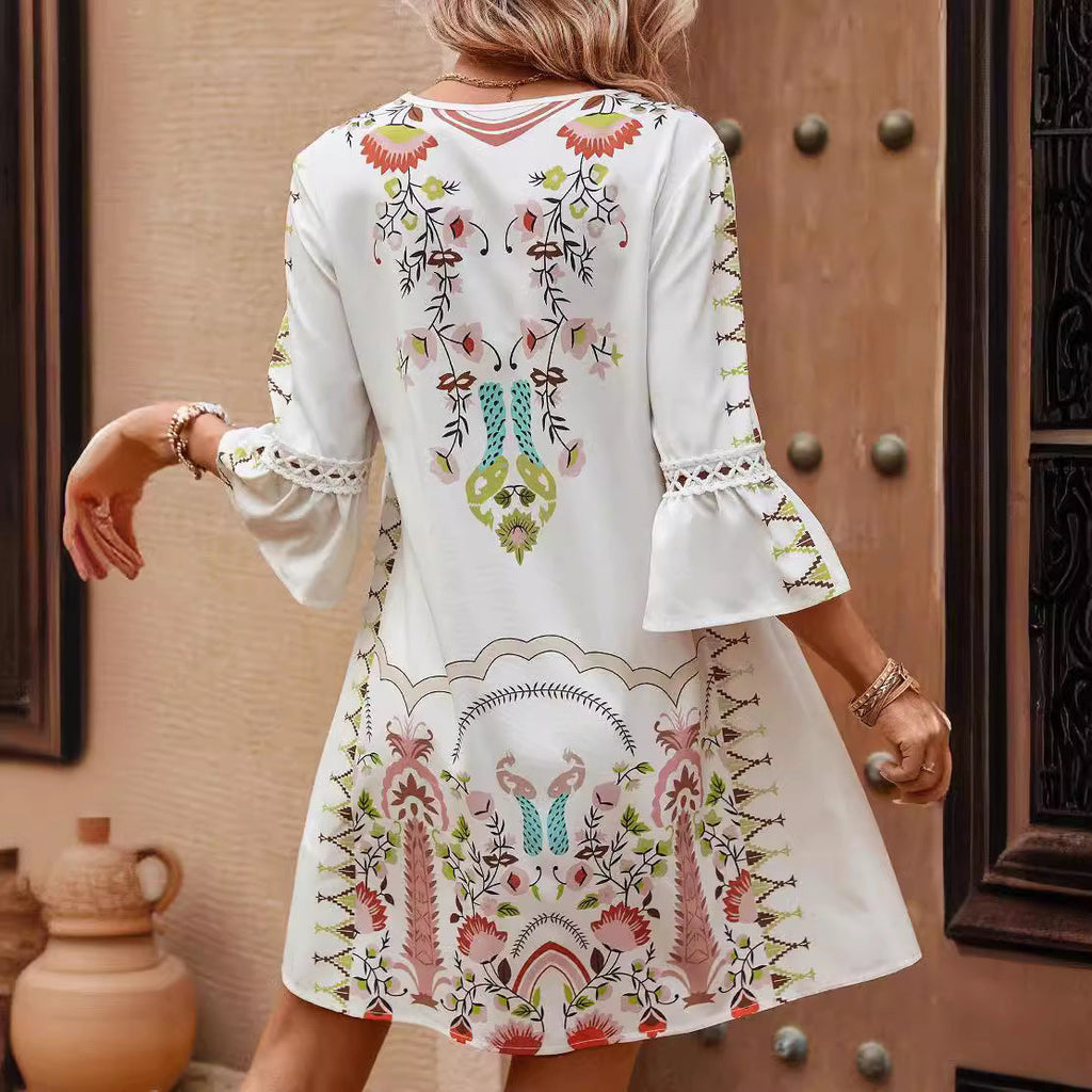 Women's boho-inspired dress with lace details and floral pattern, size S