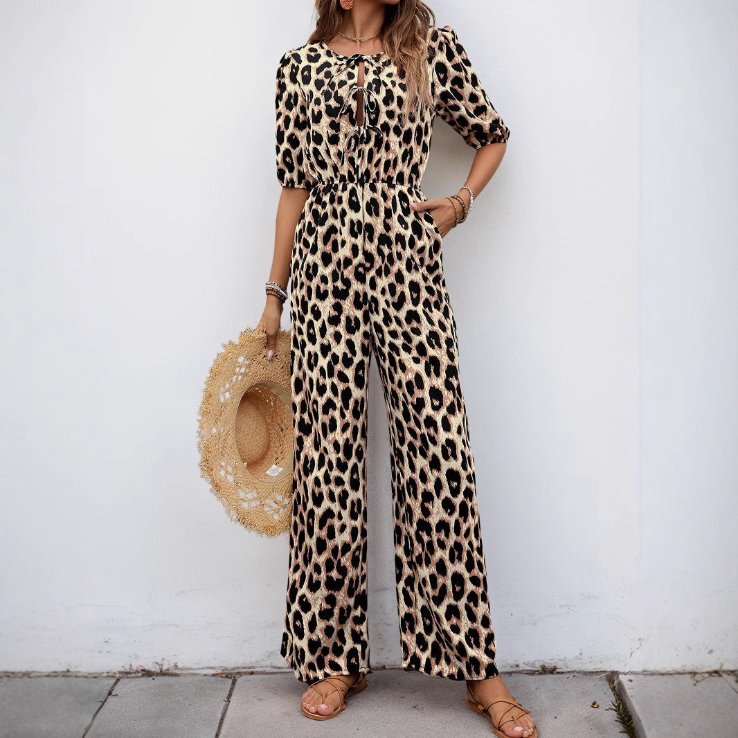 Women's jumpsuit with elegant wrap neckline and fashionable leopard print, size