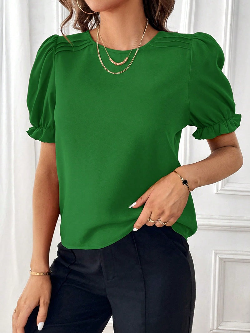 GR Pure-Color Round Neck Shirt Top with Temperament