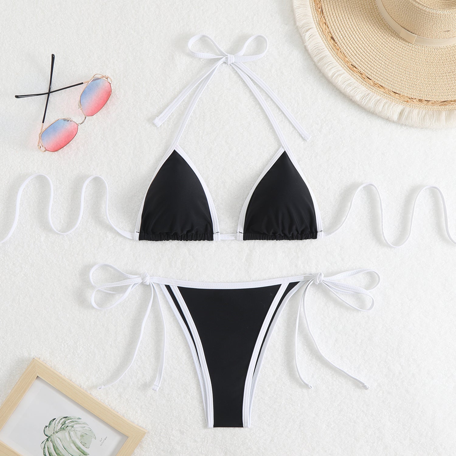 Women's triangle bikini set with adjustable bows and contrasting accents, size GR