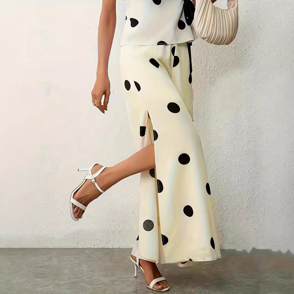 Women's wide-legged, airy polka-dot palazzo pants with elegant side slits, size [size missing]