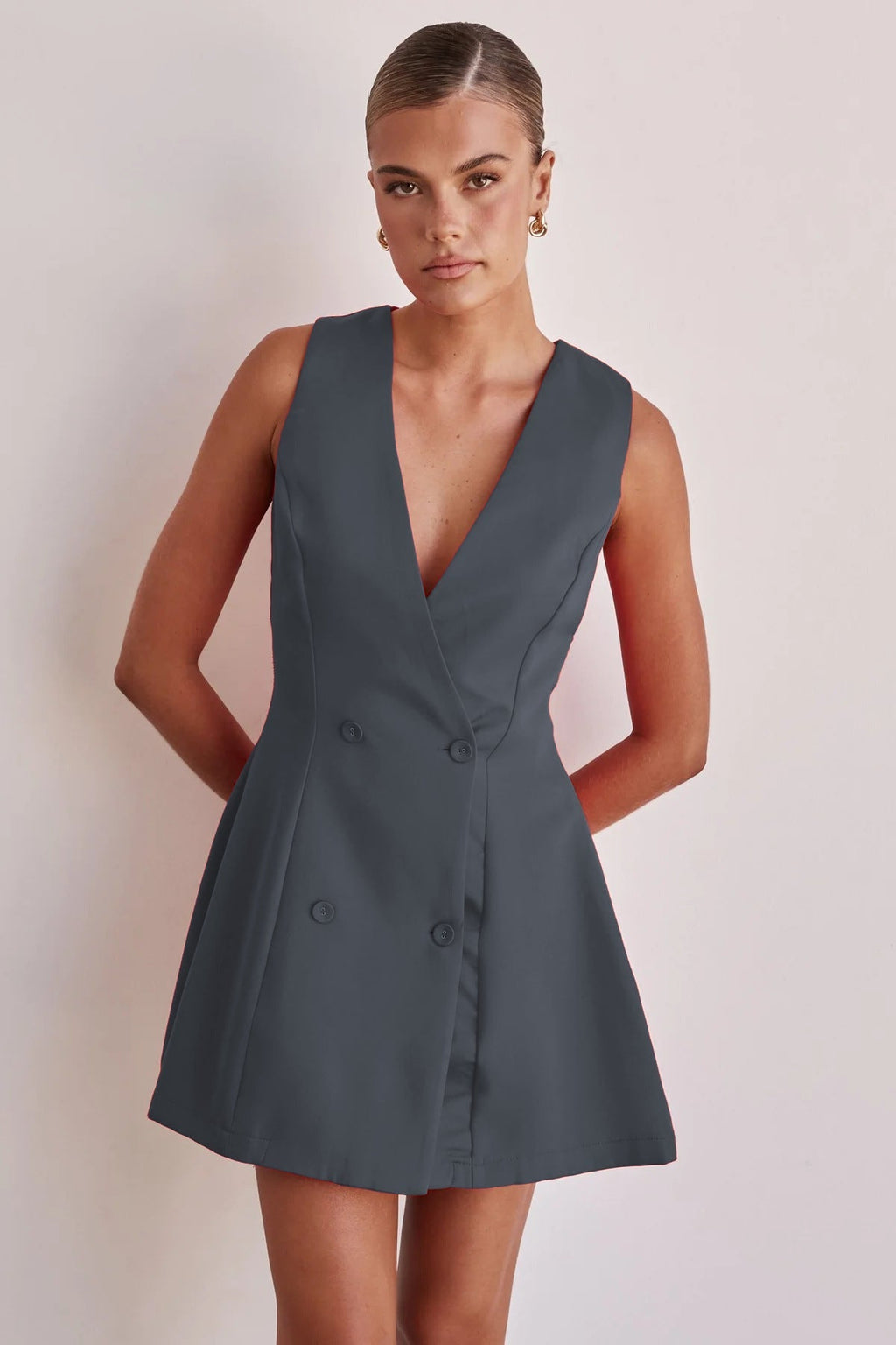 Damen Blusenkleid mit tiefem V-Ausschnitt und doppelter Knopfleiste GR