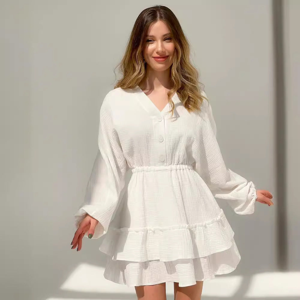 Damen lässiges Babydoll Kleid mit Knopfdetails und voluminösen Ärmeln GR