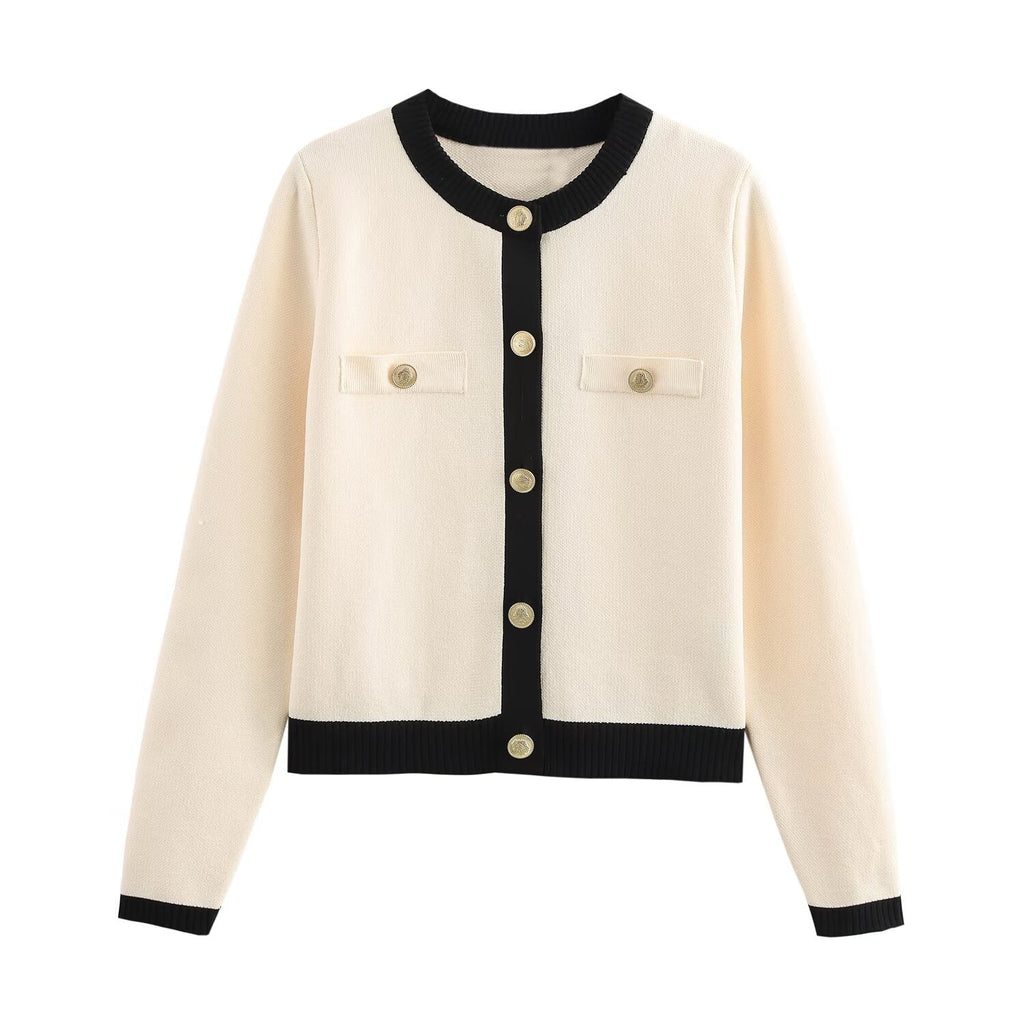 GR | Frühling Goldene Knopf Kontrast Strick Cardigan Top
