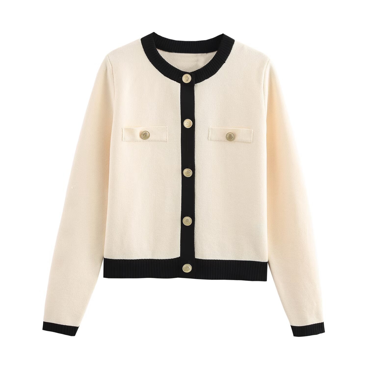 GR | Frühling Goldene Knopf Kontrast Strick Cardigan Top