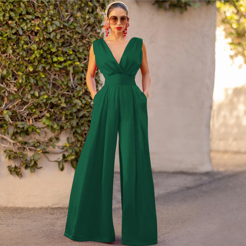 GR | Jumpsuit High Waist Sleeveless Deep V-neck Wide Leg Elegant Fit