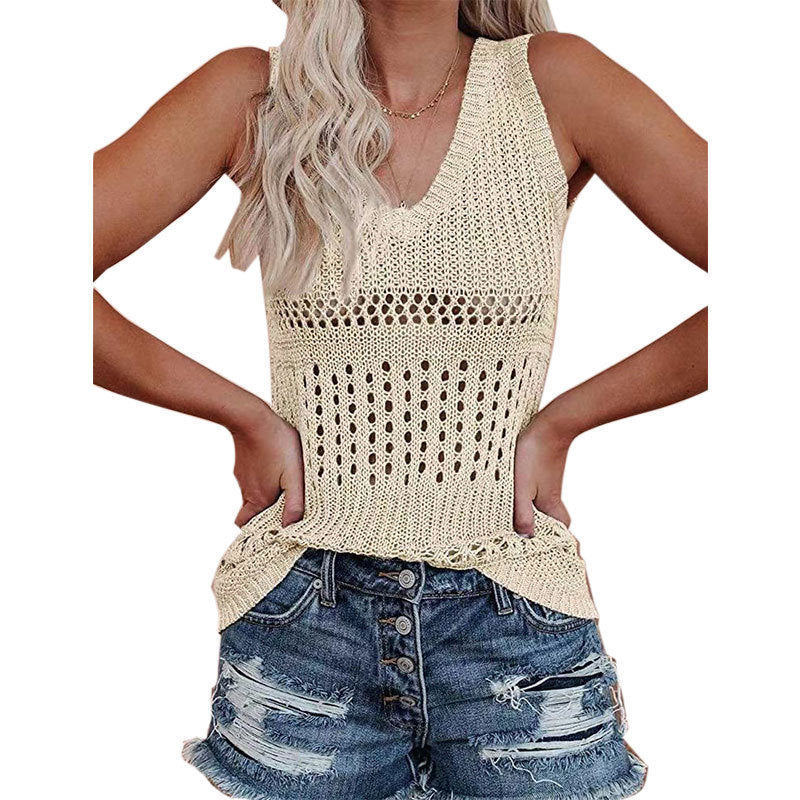 Damen luftiges Stricktop mit V-Ausschnitt und feinen Lochmustern GR