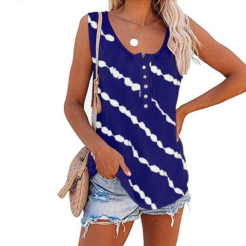 Women's sleeveless top with button placket and modern batik pattern, size