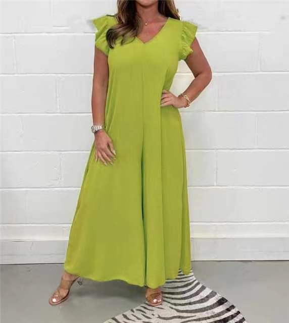 Women's upscale jumpsuit with voluminous ruffled sleeves and V-neck, size S