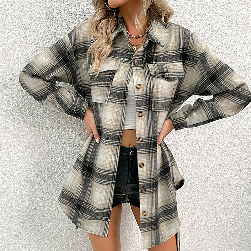 Damen lässige Overshirt-Jacke im Karo-Design mit knöpfbarer Front GR