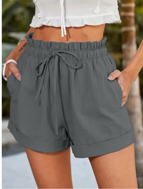 Women's elegant high-waisted fabric shorts with side pockets, size