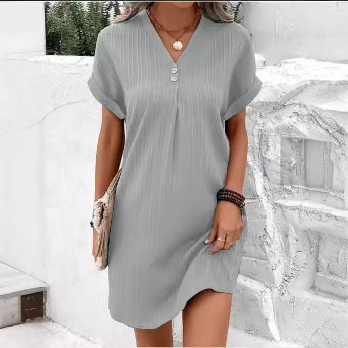 Damen Kurzarm Kleid mit Knopfleiste und feinem Längsstreifenmuster GR