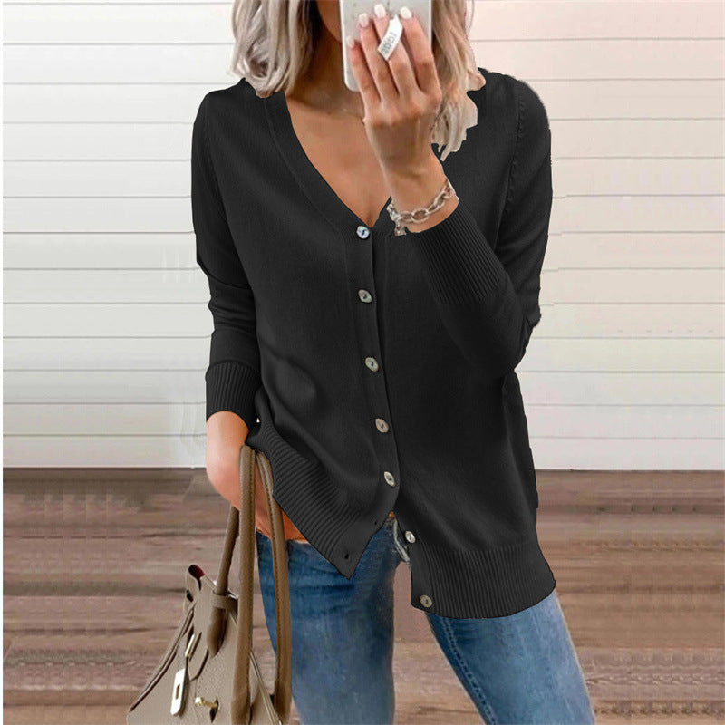 Women's cardigan with modern button details and deep V-neck, size