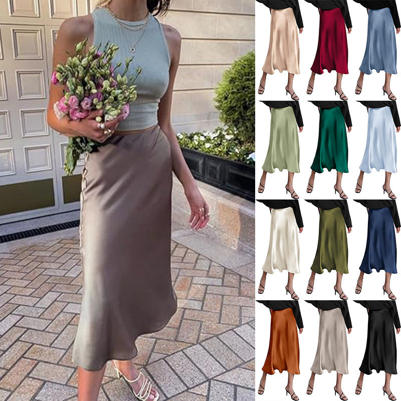 Women's elegant midi skirt in satin viscose with a flowing drape, size GR