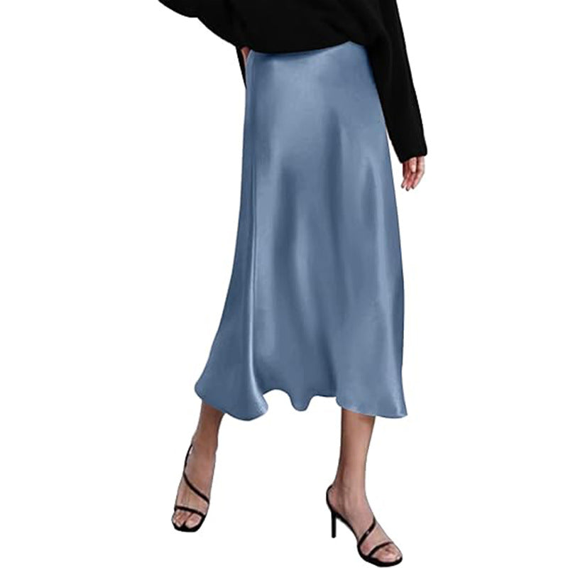 Women's elegant midi skirt in satin viscose with a flowing drape, size GR