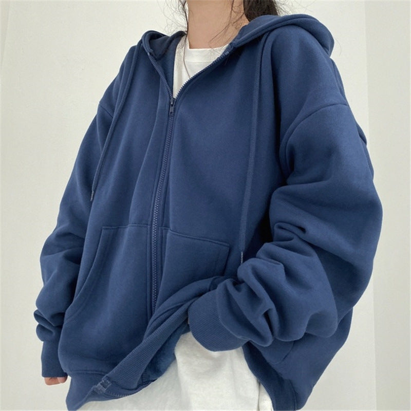 GR Zip-up Oversized Solid Pocket Hooded Long Sleeve Loose Baseball Jacket