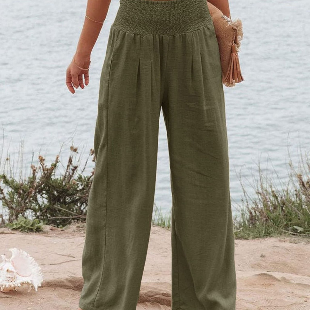 Damen Weite Leinenhose mit elastischem Bund und Falten GR