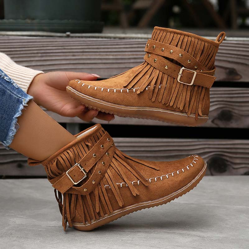 GR | Boho ankle boots with fringes and buckles for women