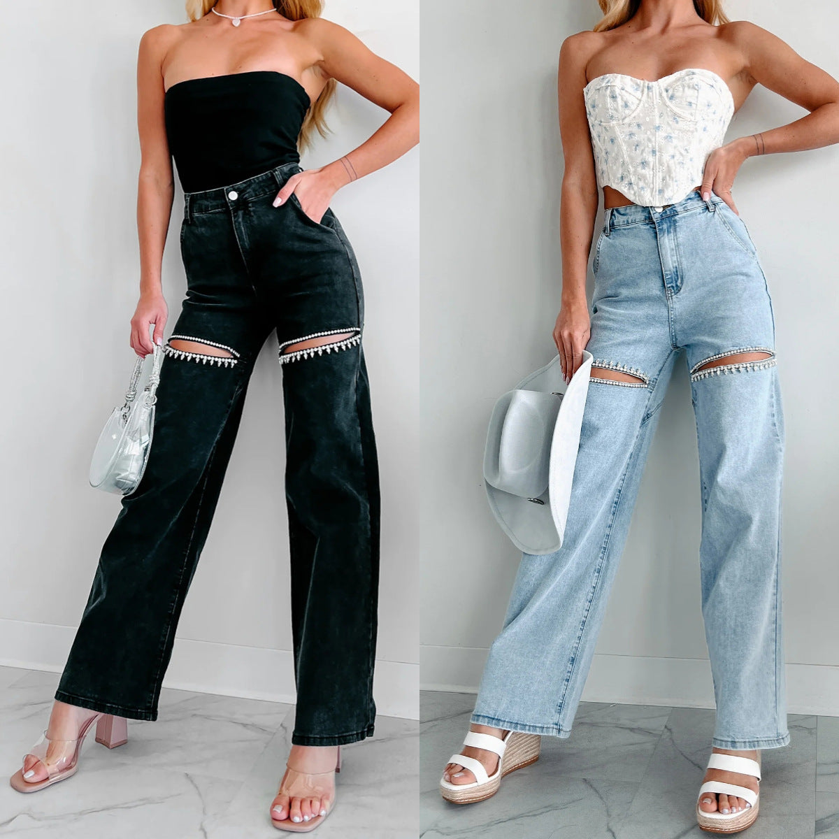 GR | Lässige Nieten Ripped Straight Leg Damen Jeans