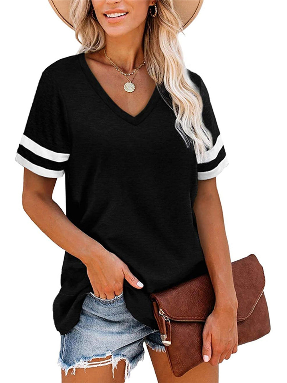 Damen V-Ausschnitt T-Shirt mit sportlichem Streifenmuster und lockerem Schnitt GR