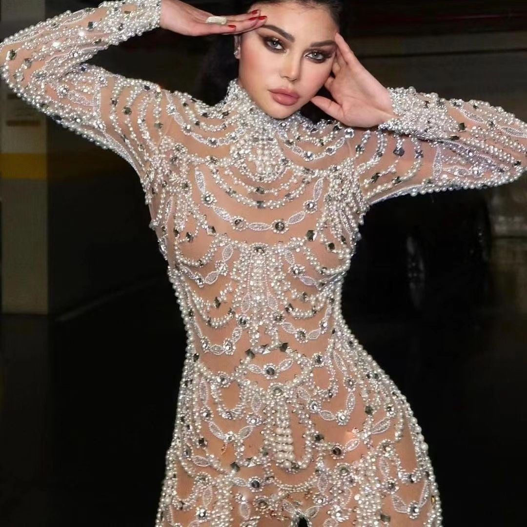 GR | Figure-hugging sheer sequined dress jumpsuit
