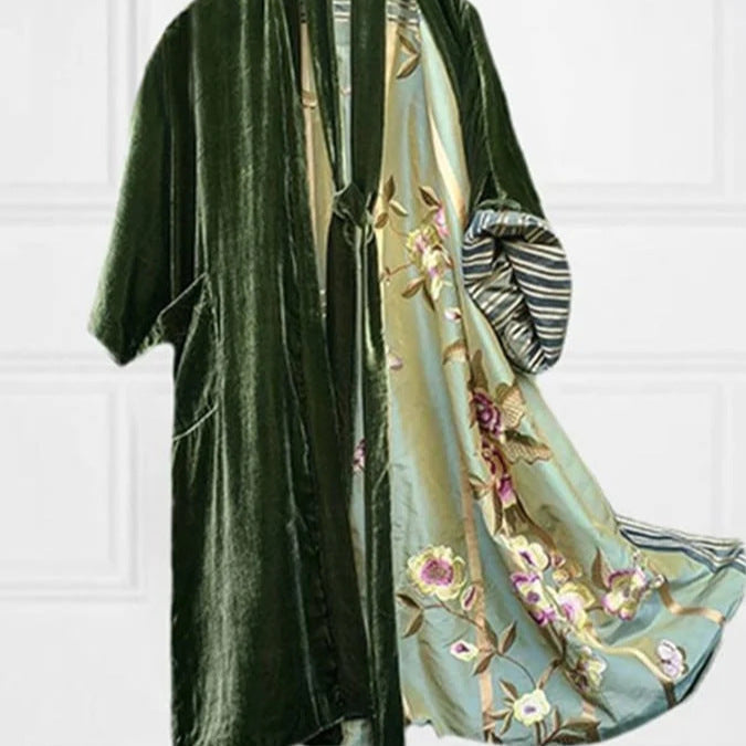 GR | Satin Digital Floral Taille Gürtel Cardigan Schlafanzug