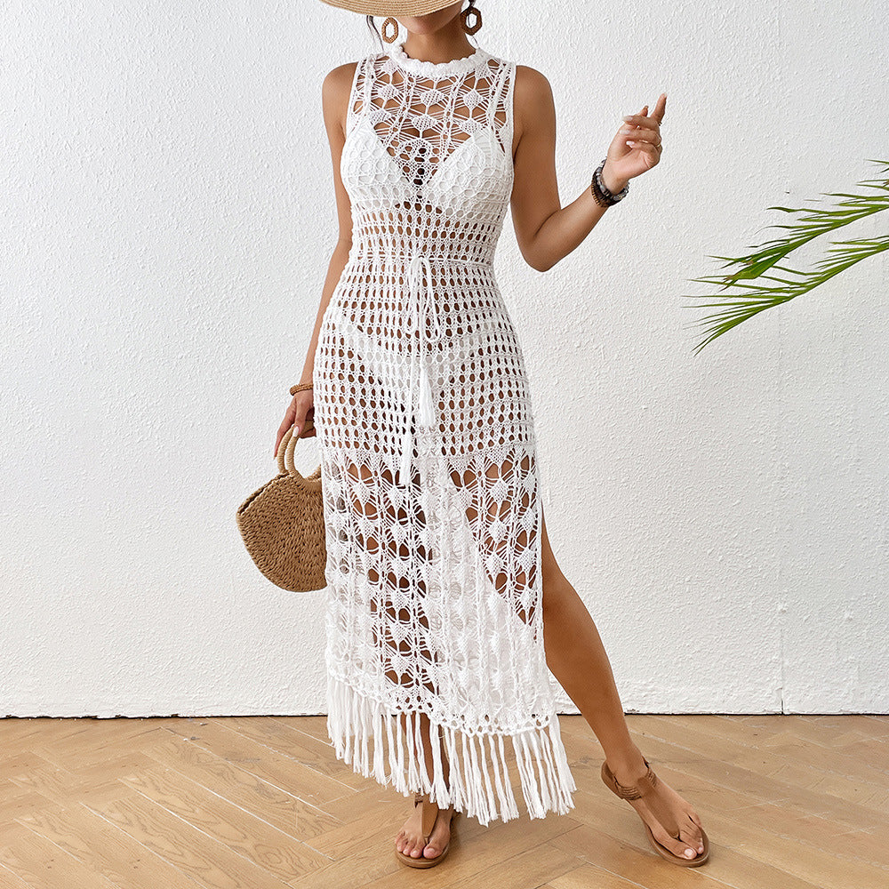 Women's crocheted beach dress with deep slit and fringed accents, size [size missing]