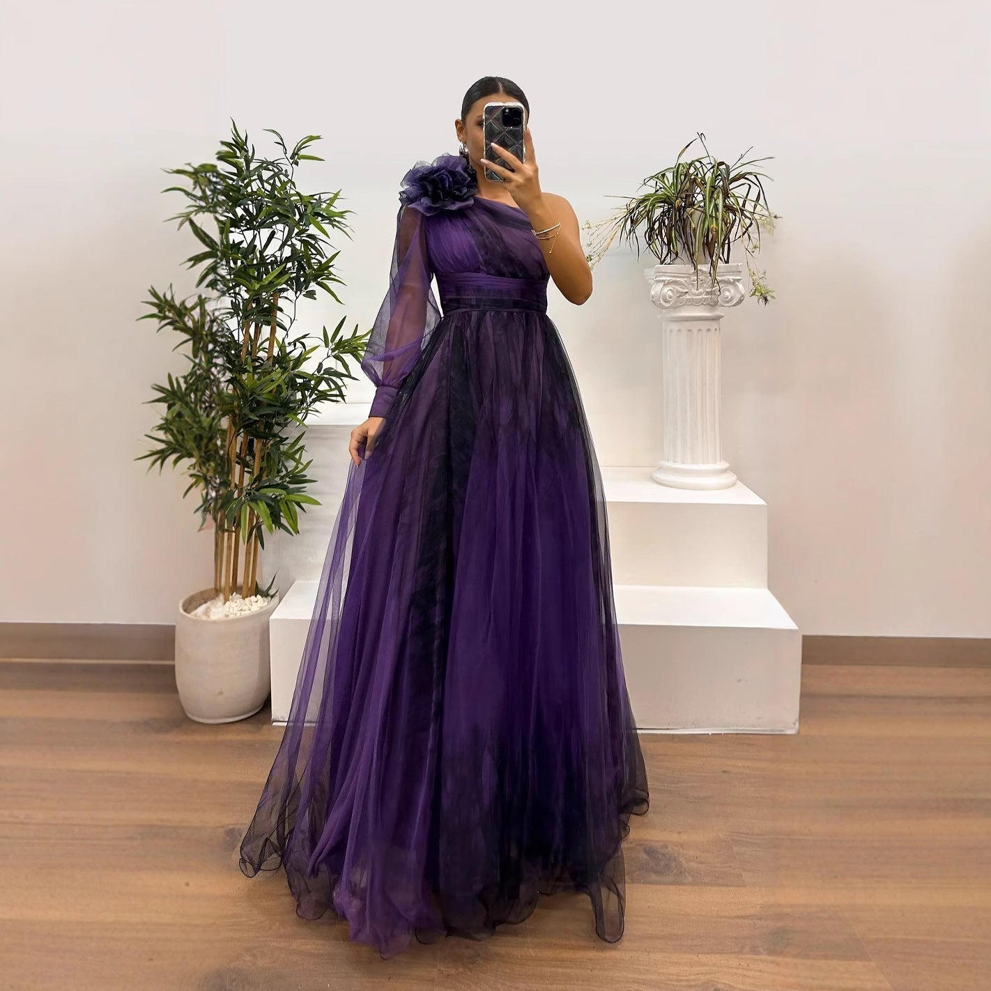 GR | Spring Autumn Off-the-shoulder mesh floral dress Casual Loose Festive dress