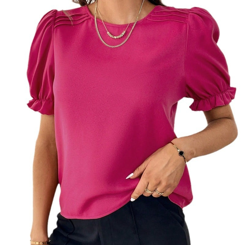 GR Pure-Color Round Neck Shirt Top with Temperament