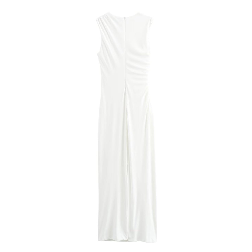 GRMODE | Solid Color Round Neck Sleeveless Pleated Slim Fit Dress