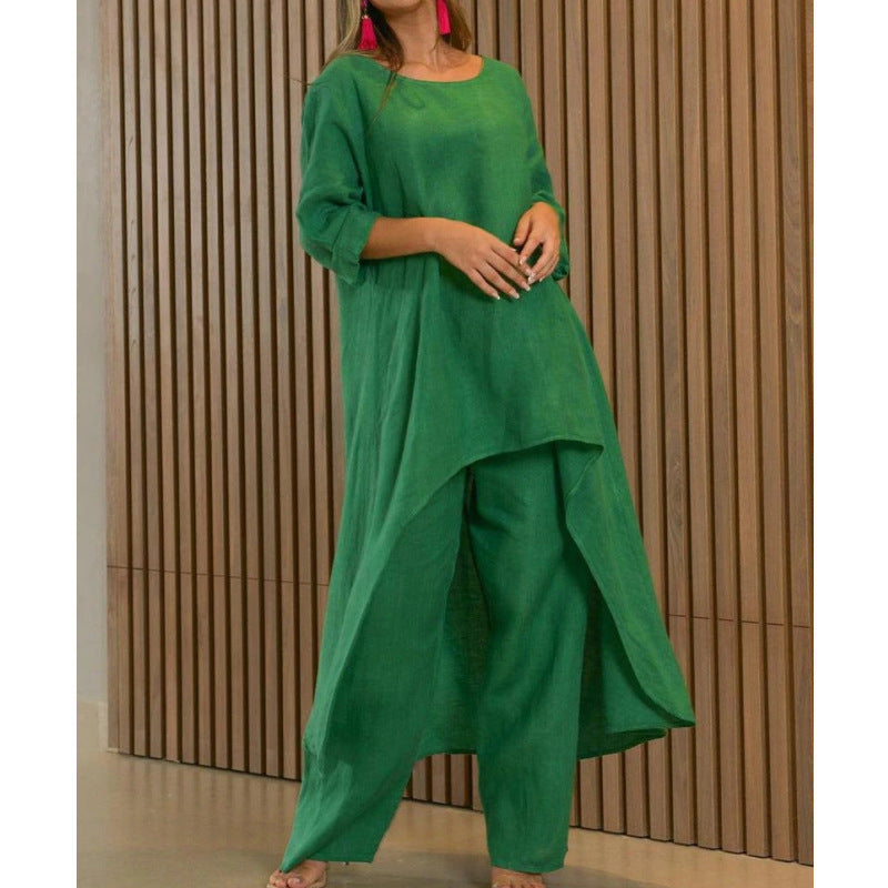 GR | Irregular cotton-linen wide leg two-piece set 