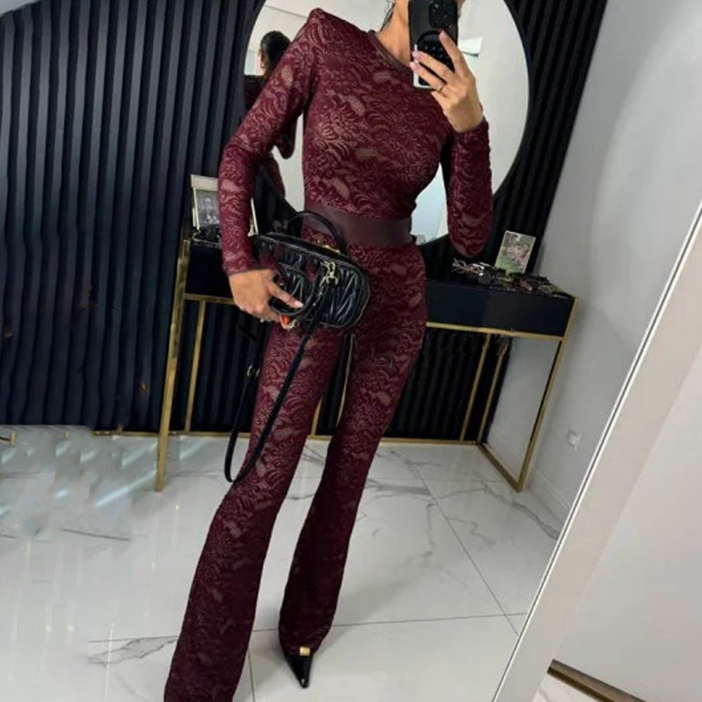 Women's Elegant Lace Jumpsuit with Floral Motifs Size