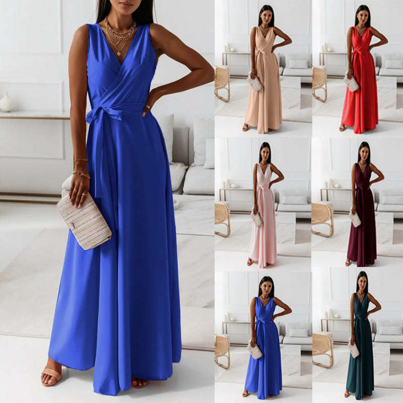 GR | Comfortable solid-color V-neck evening dress 