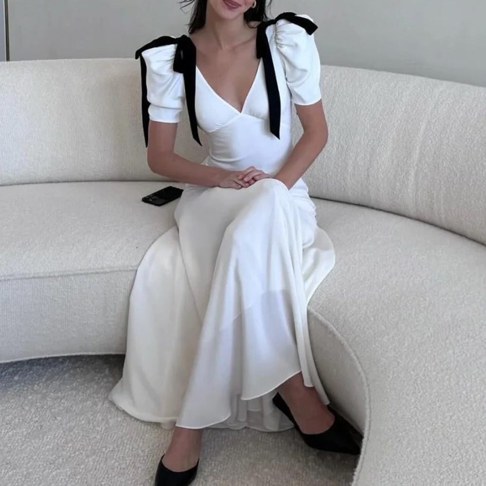 GR | Sanfte Weiß Tiefer V Schleifen Puffärmel Schlankes Kleid