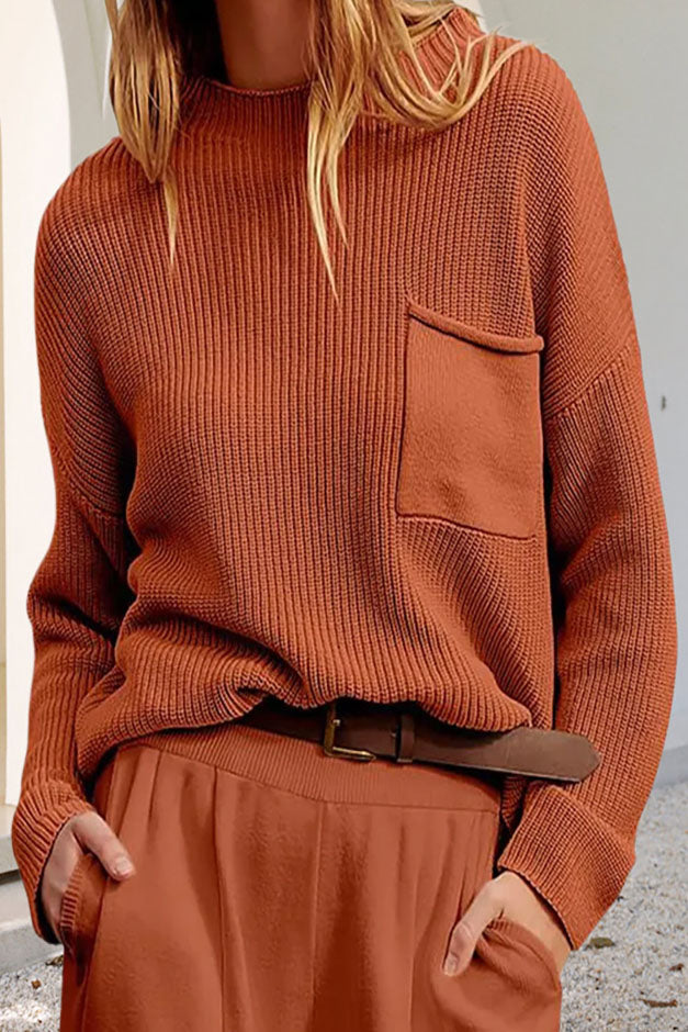 GR Entspanntes Langarm-Taschen-Strick-Sweatshirt