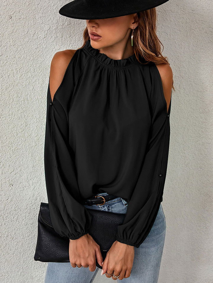 Women's chic top with off-the-shoulder panels and elegant ruffle details, size [size]