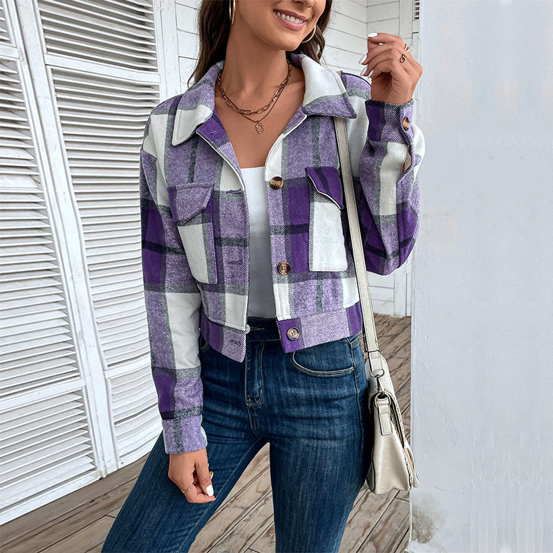 Women's cropped plaid jacket with practical pockets and fashionable details, size S
