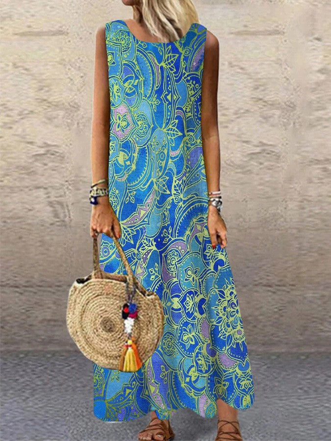 GR | Floral Print Round Neck Long Dress